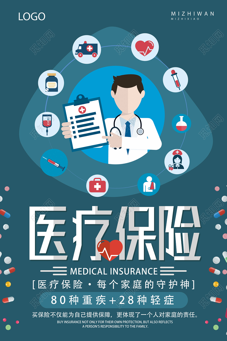深蓝色卡通医疗保险医生保险