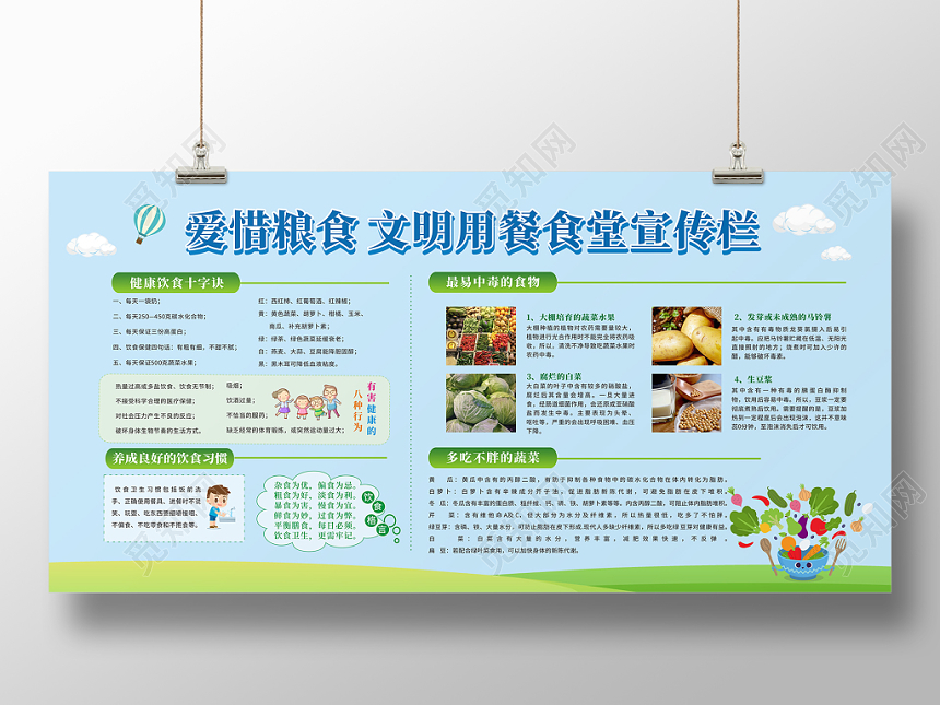 爱惜粮食文明用餐食堂健康饮食展板蓝色卡通简洁大方宣传栏