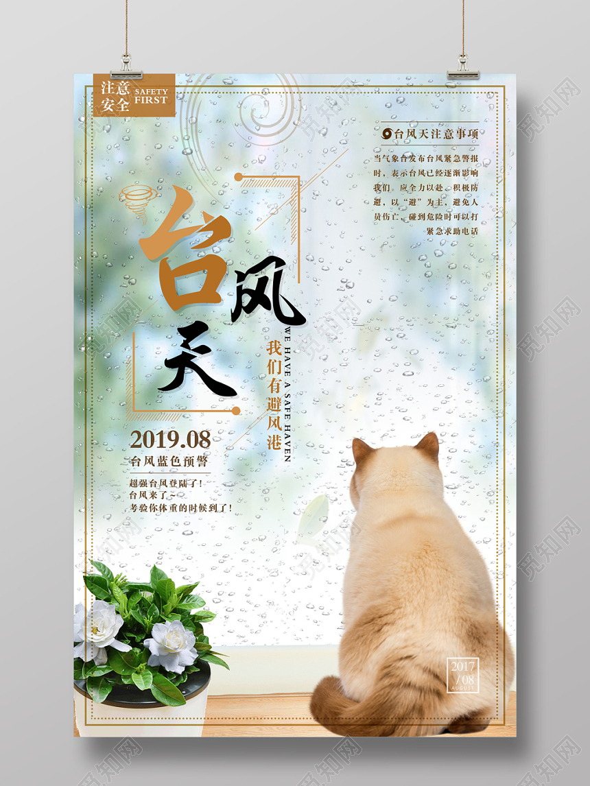 绿色小清新台风天蓝色预警注意事项海报