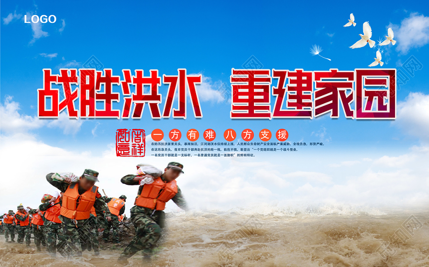 蓝天白云清新战胜洪水重建家园抗洪展板