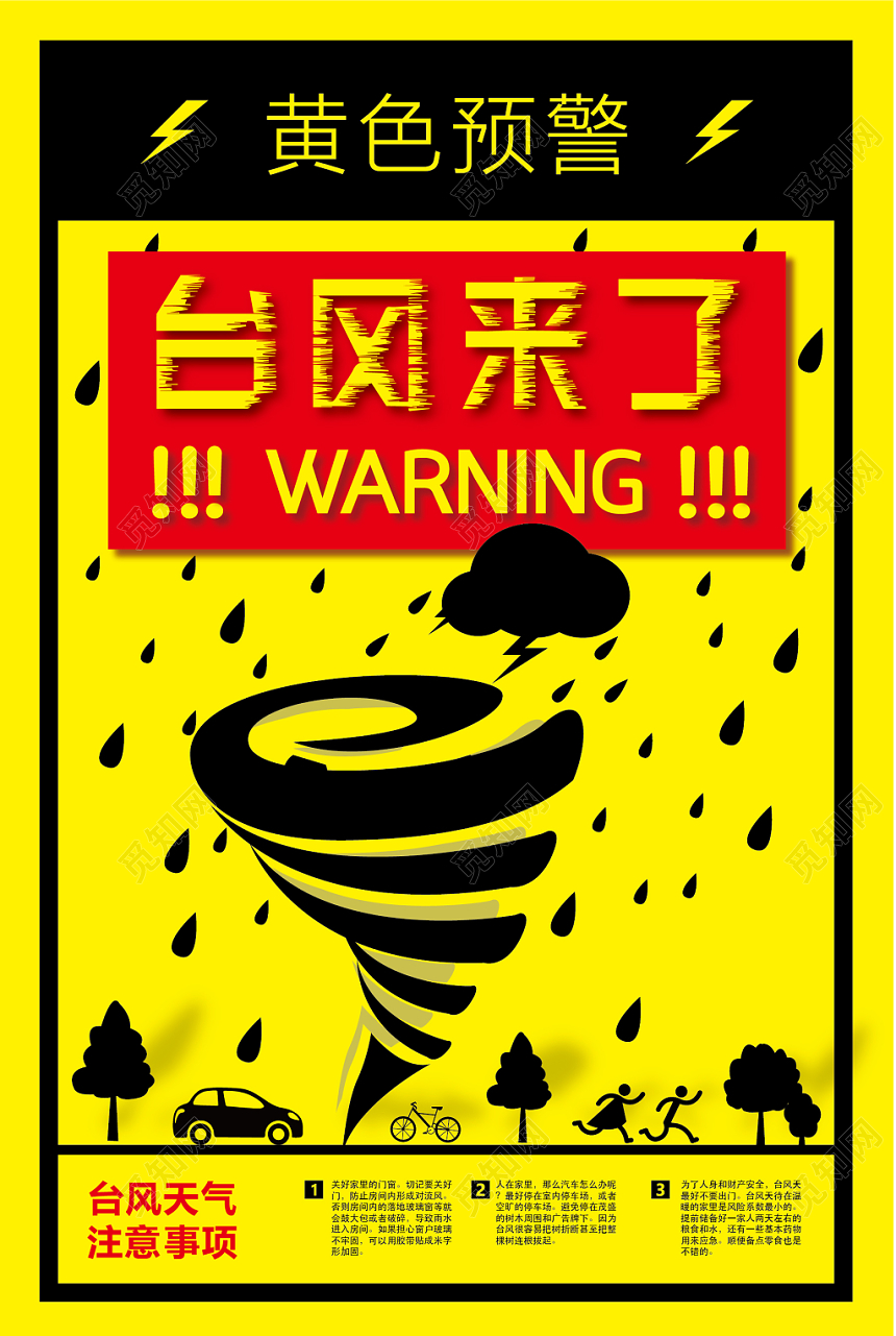 简约黄色预警台风来了注意事项宣传海报