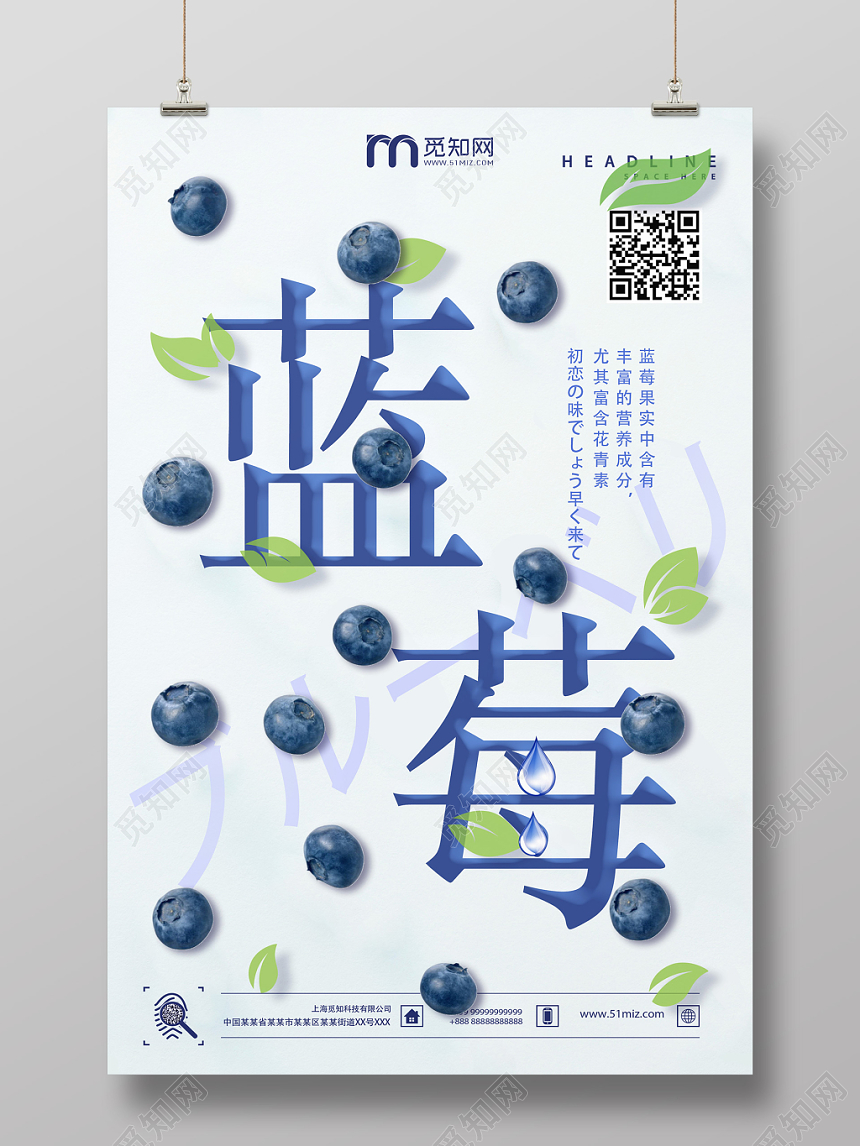 青色创意小清新水果蓝莓海报