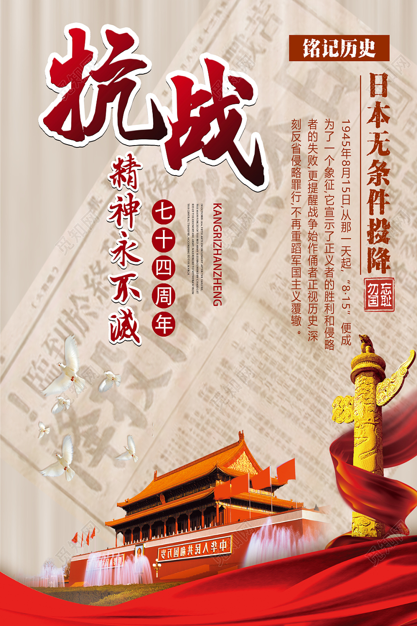 复古风抗日战争胜利74周年纪念宣传海报