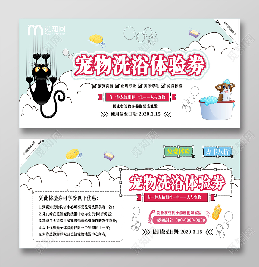 宠物沐浴体验劵蓝色卡通可爱创意宣传优惠劵