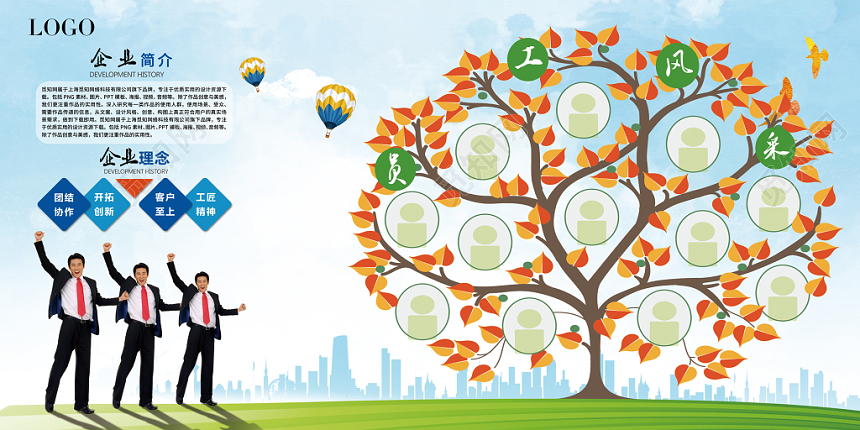 蓝色绿色员工风采企业公司荣誉墙照片墙展板