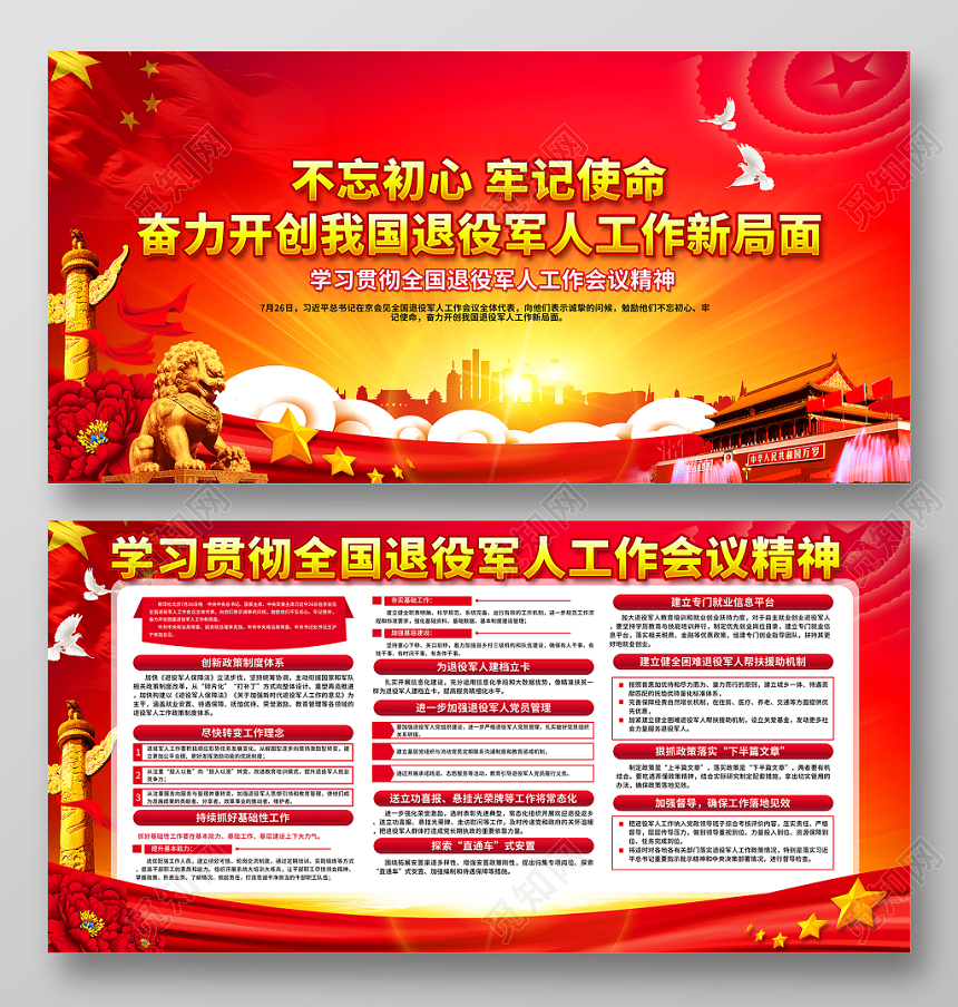 红色党建党政党课全国退役军人工作会议精神解读宣传栏展板