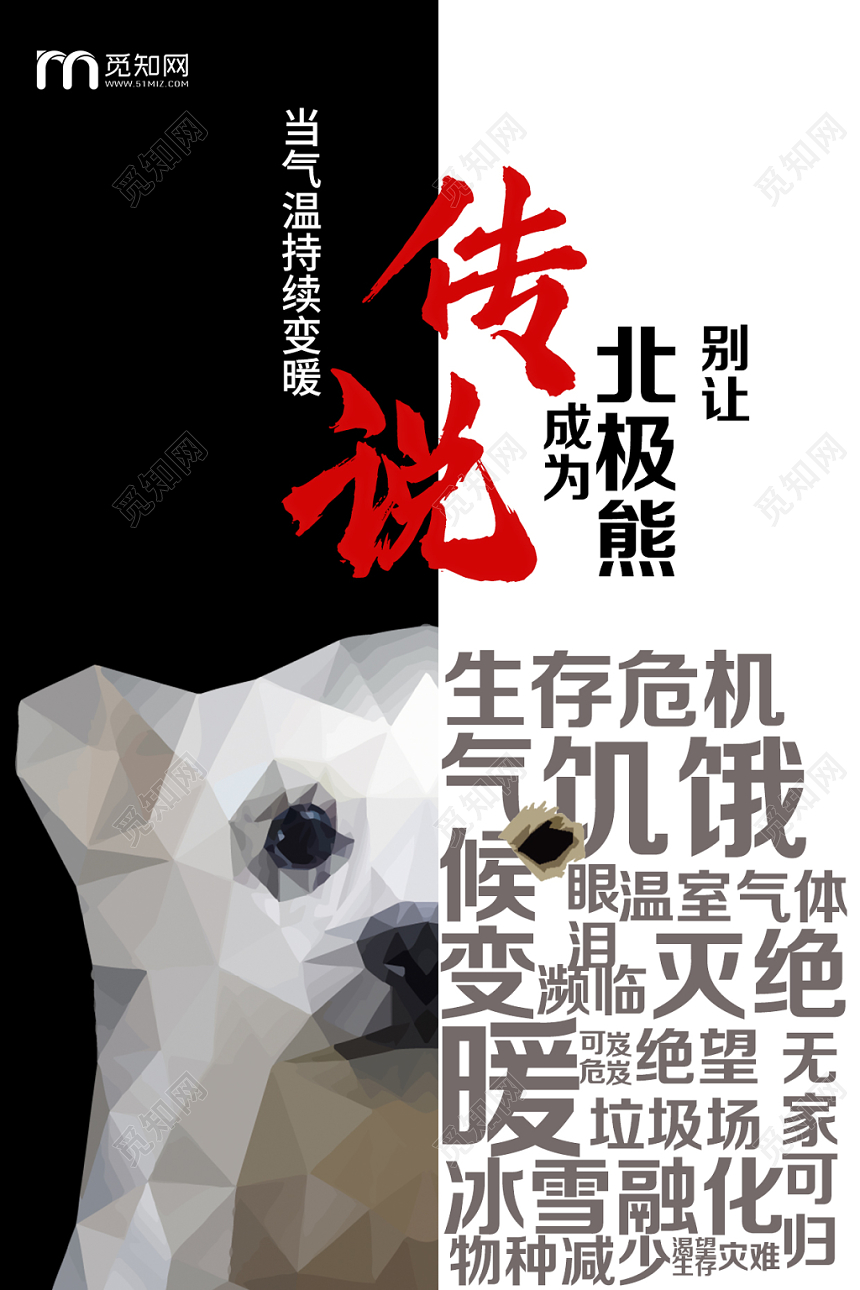 黑白别让北极熊成为传说保护动物濒危动物环保海报