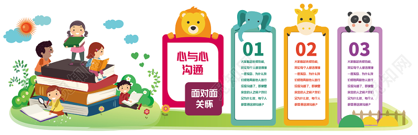 卡通心与心沟通面对面关怀儿童沟通文化墙