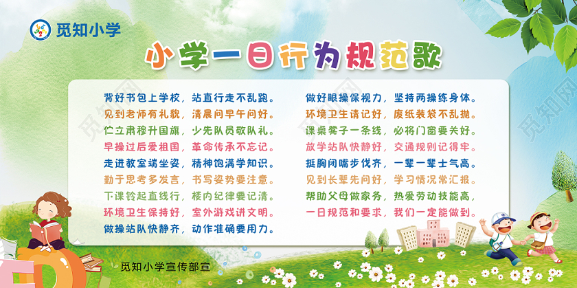 清新简约校园文明小学一日行为规范歌教育宣传展板