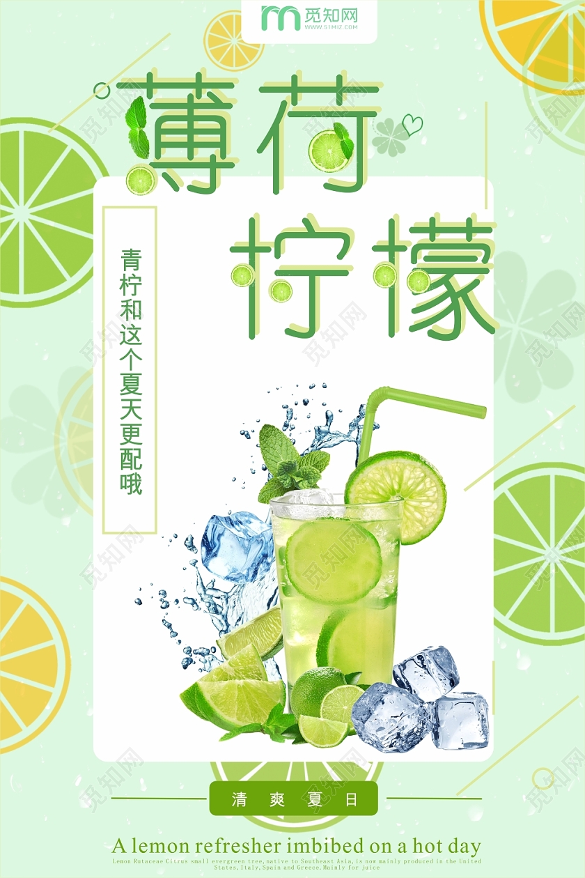 薄荷柠檬浅绿色简约几何平面水果海报