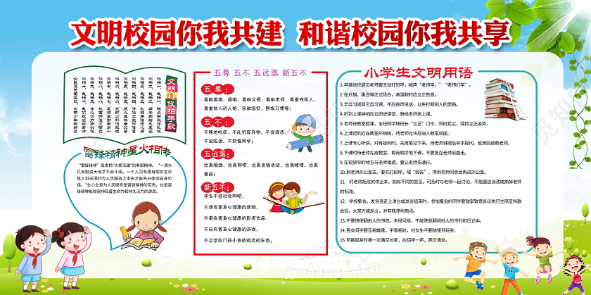 蓝色卡通文明校园你我共建中小学校园文明建设宣传栏展板