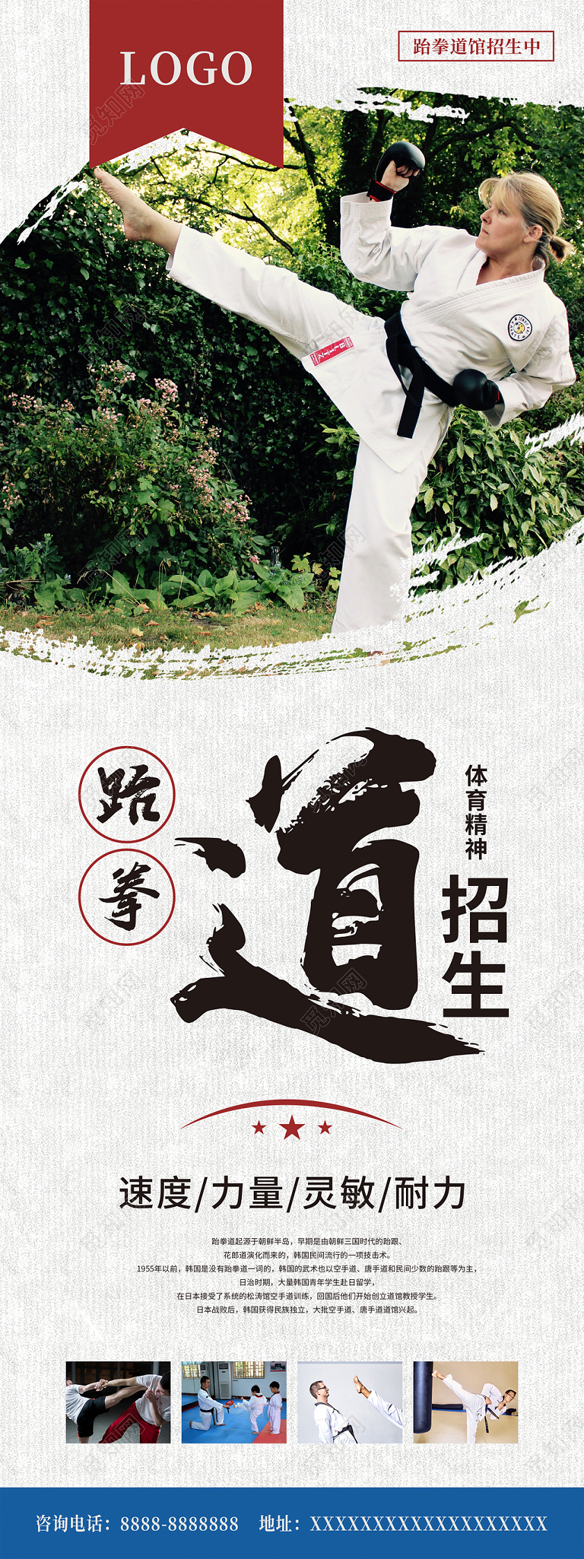 白色简约跆拳道体育运动宣传展架易拉宝