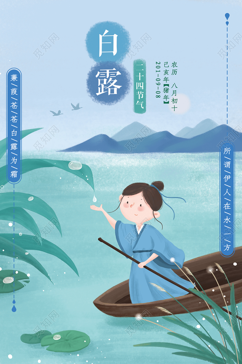 简约小清新二十四节气白露插画宣传海报