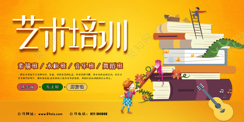 黄色艺术培训班招生卡通人物吉他宣传展板