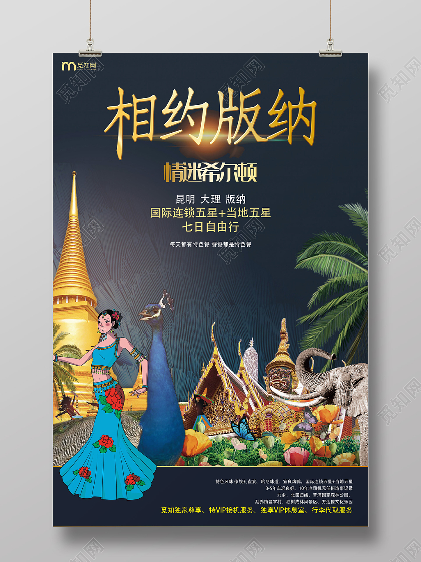 深蓝色精致云南旅游相约版纳海报