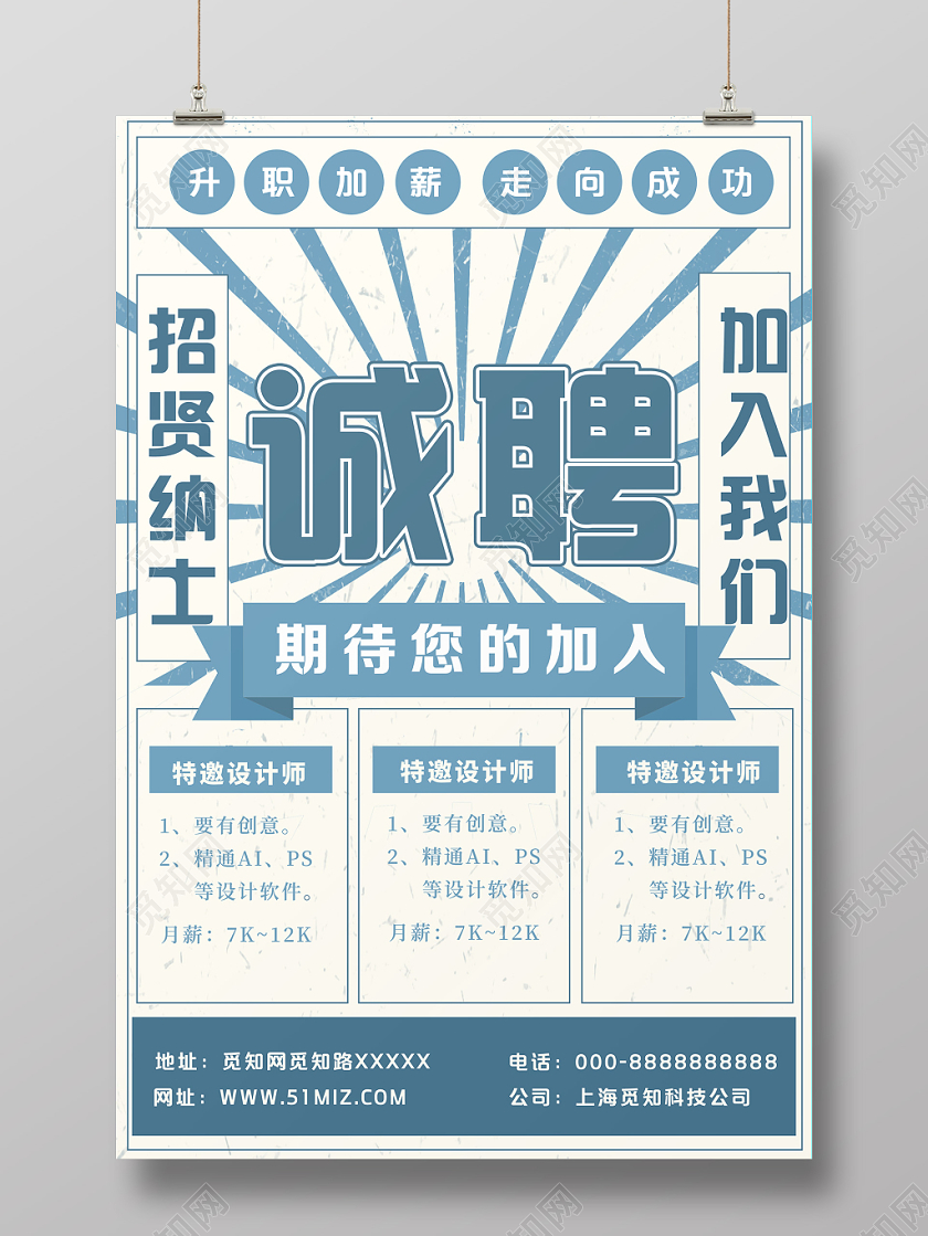 蓝色简约趣味民国风招聘人才海报