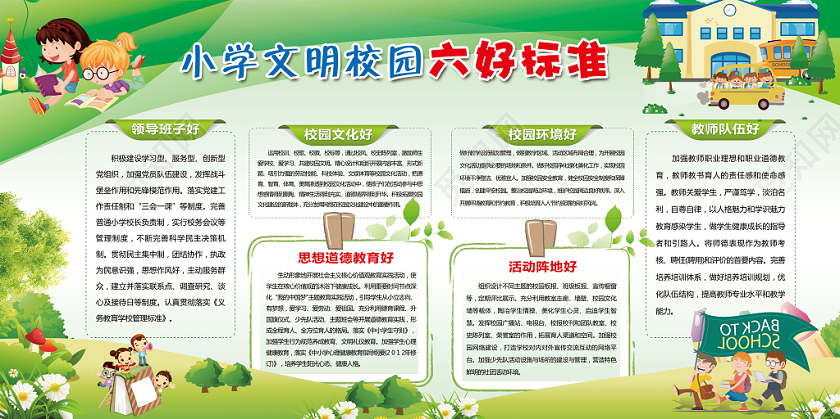 绿色卡通创建文明校园小学文明校园六好标准宣传展板