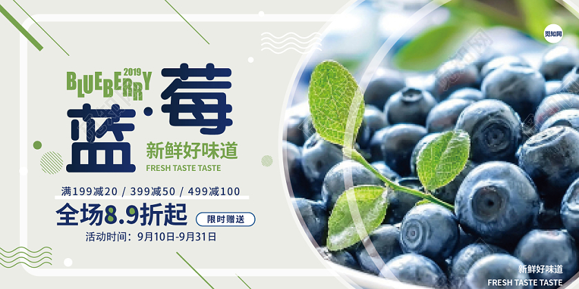 新鲜美味几何设计简约风蓝色水果蓝莓展板