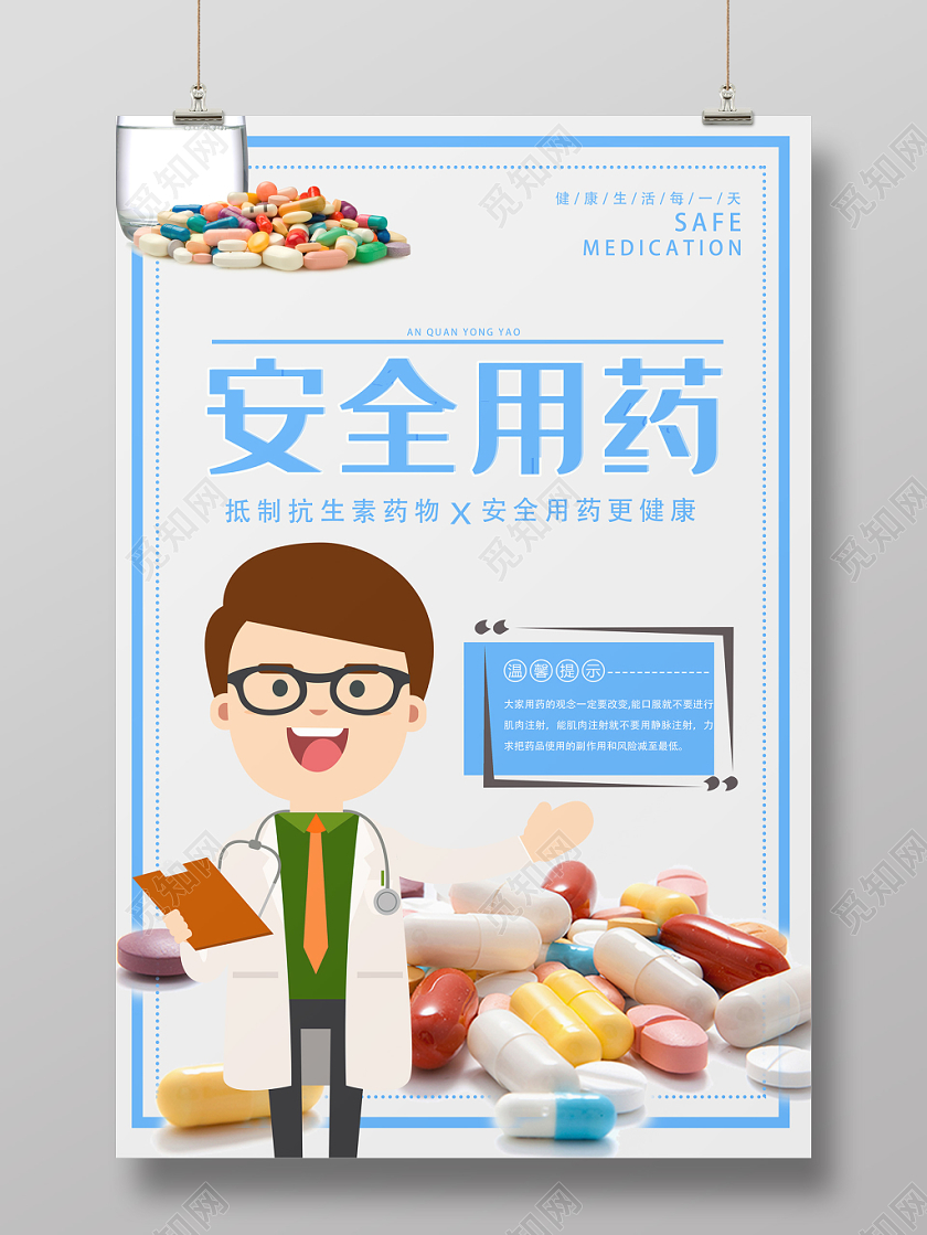 蓝色卡通扁平风安全用药海报