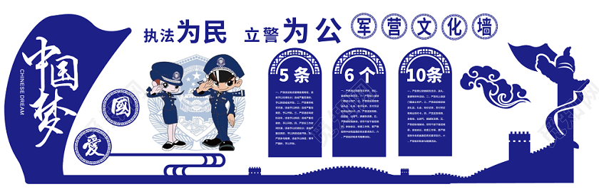 军营蓝色几何平面简约执法为民公安警察文化墙