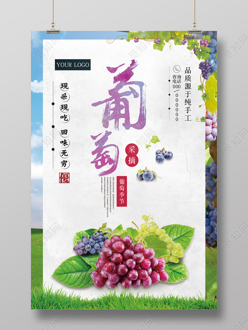 纯天然新鲜葡萄水果宣传海报