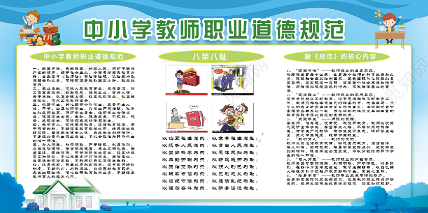 蓝色卡通中小学职业道德规范宣传展板