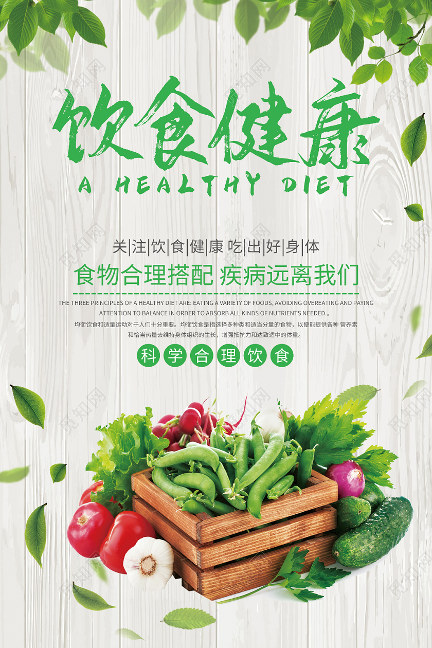 饮食健康水果蔬菜绿色树叶白色木板食品安全海报