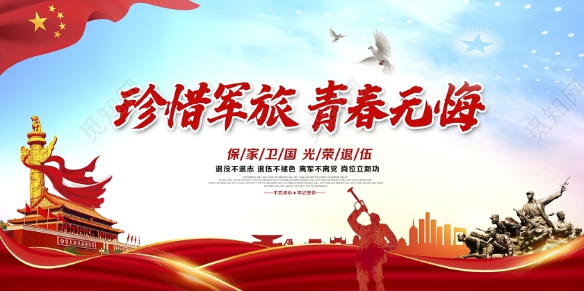 部队时尚大气珍惜军旅青春无悔退伍老兵欢送会舞台背景展板设计