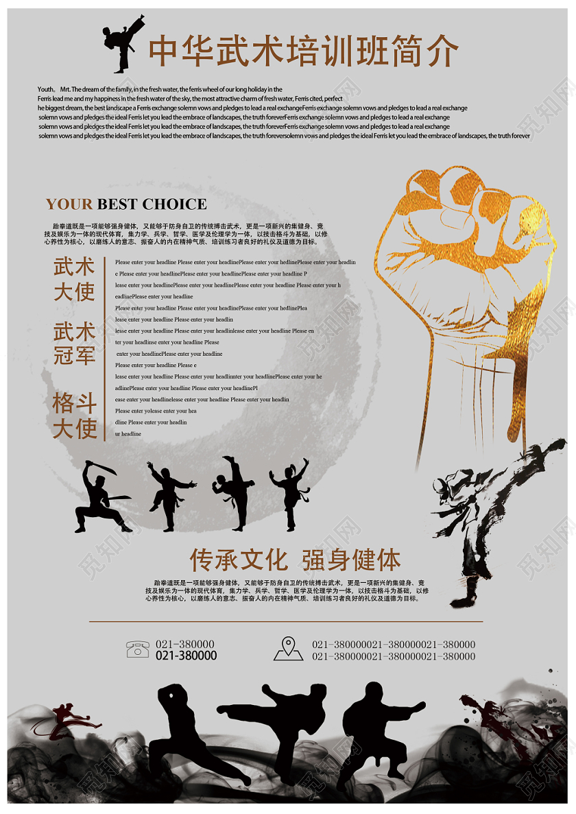 灰色水墨风武术培训武术招生宣传单