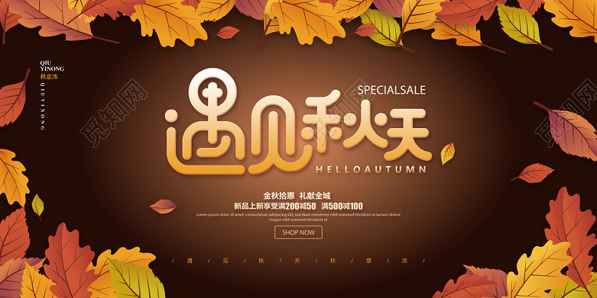 褐色简约秋天秋季遇见秋天促销宣传展板设计