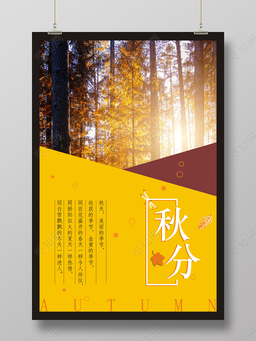 秋分秋天枫叶黄色简约海报