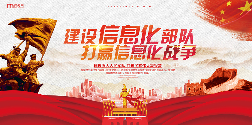 建设信息化部队红色中国风党政党课党建展板