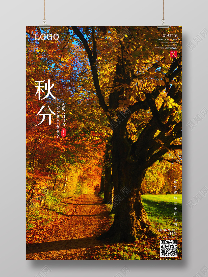 创意简约中华民族传统十二节气之秋分公益宣传秋天秋季枫叶海报