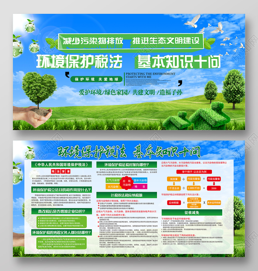 绿色清新简单环境保护税法基本知识十问宣传展板