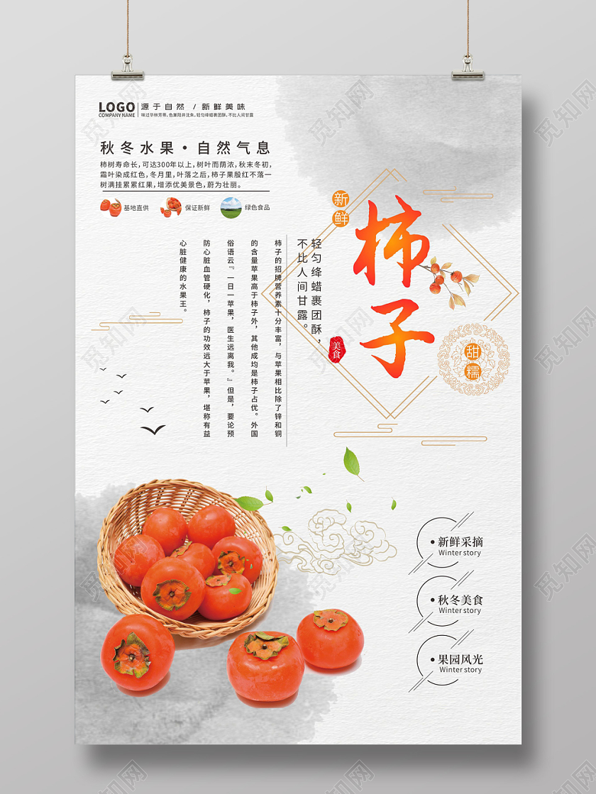 清新水墨中国风秋冬水果柿子海报