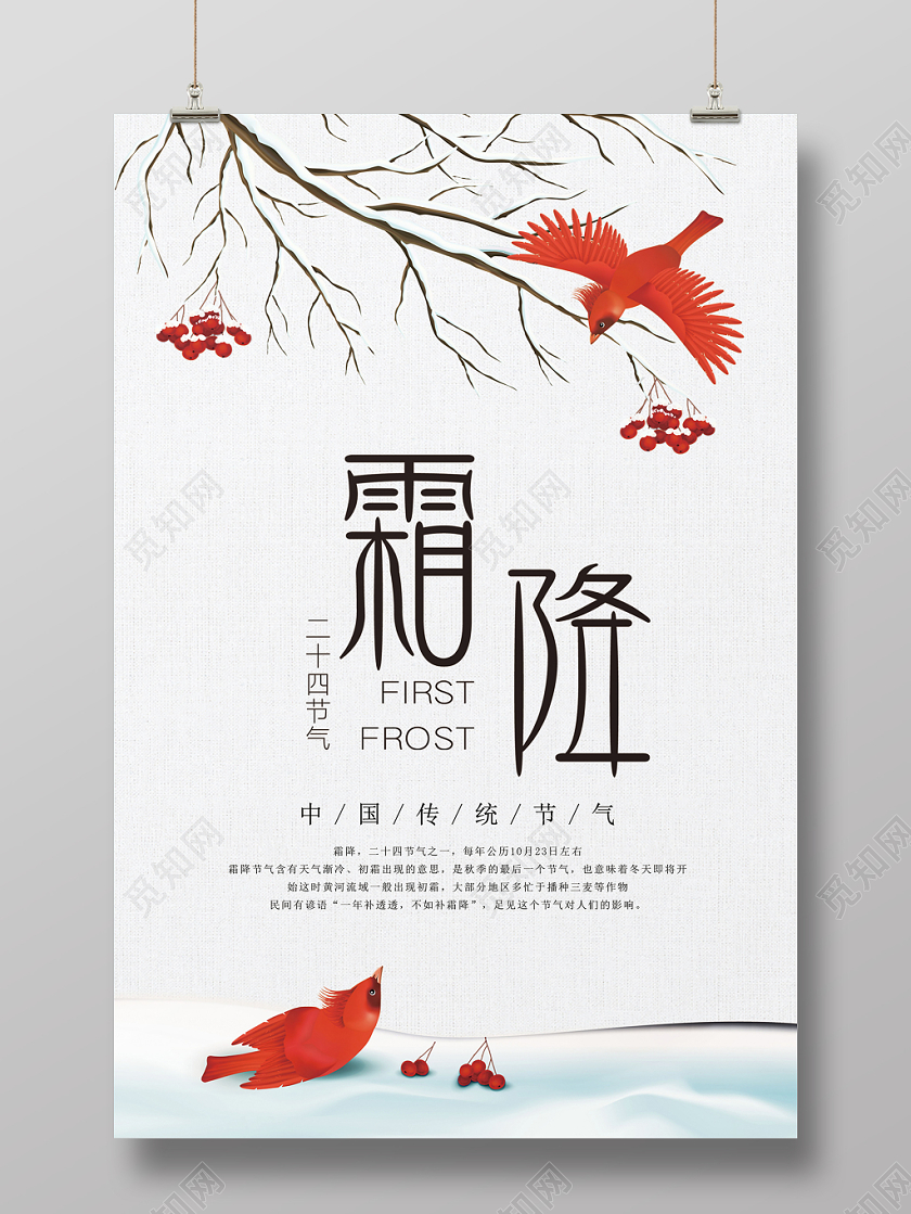 中国传统二十四节气霜降传统文化下雪小鸟宣传海报