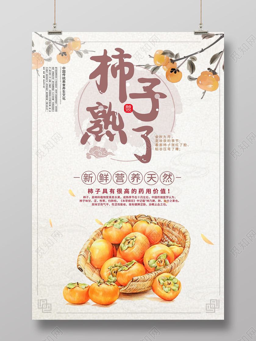 中国风柿子熟了水果海报