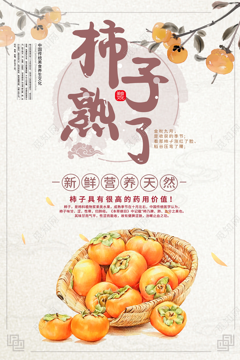 中国风柿子熟了水果海报