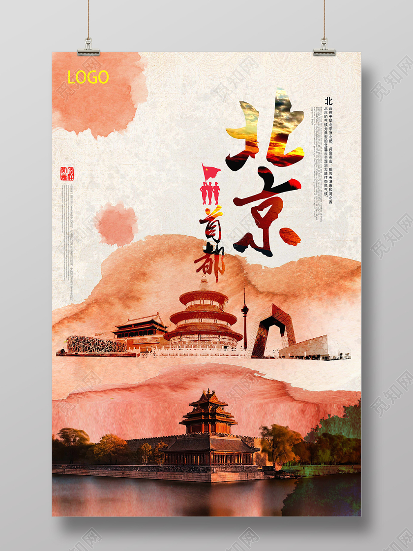 黄色水墨风北京首都北京旅游海报