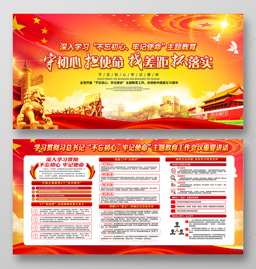 红色大气第二批不忘初心牢记使命主题教育宣传栏党政党建党课展板