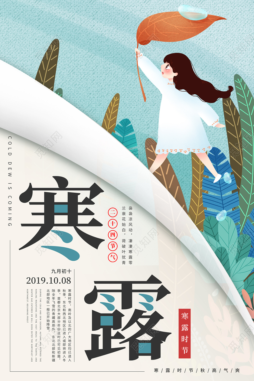 清新卡通手绘女孩二十四节气寒露海报