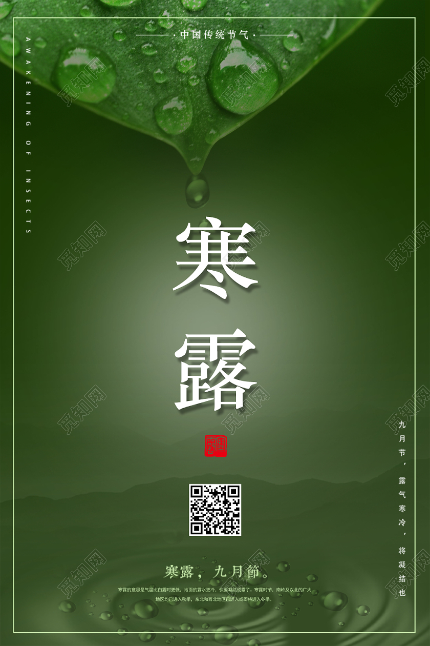 中国传统二十四节气之寒露叶落水珠意境风海报