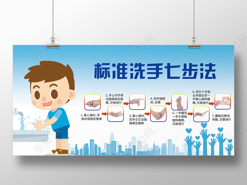 消毒标准洗手七步法蓝色几何卡通简约风全球洗手日展板