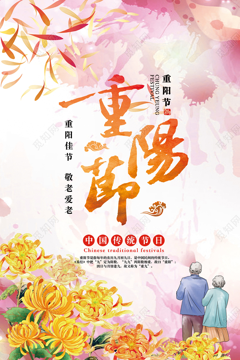 中国风九九重阳节敬老爱老菊花人物海报