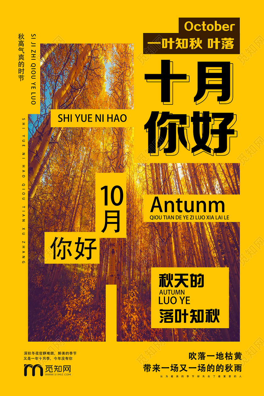 黄色艺术风简约十月你好海报