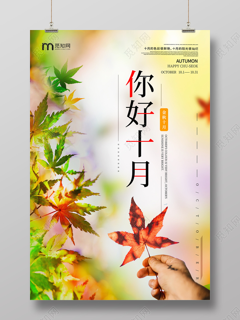 炫彩缤纷枫叶手拿枫叶你好十月海报