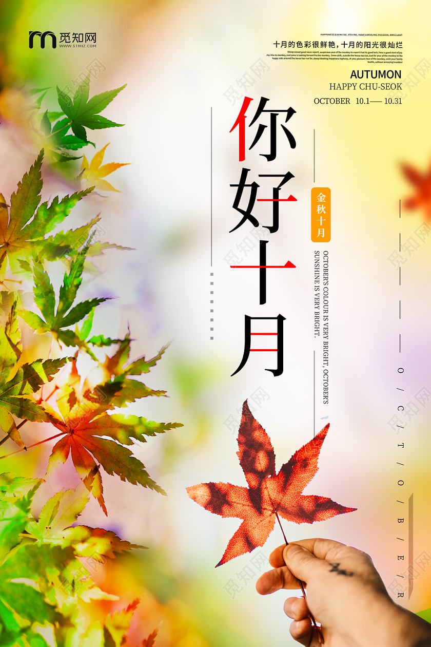 炫彩缤纷枫叶手拿枫叶你好十月海报