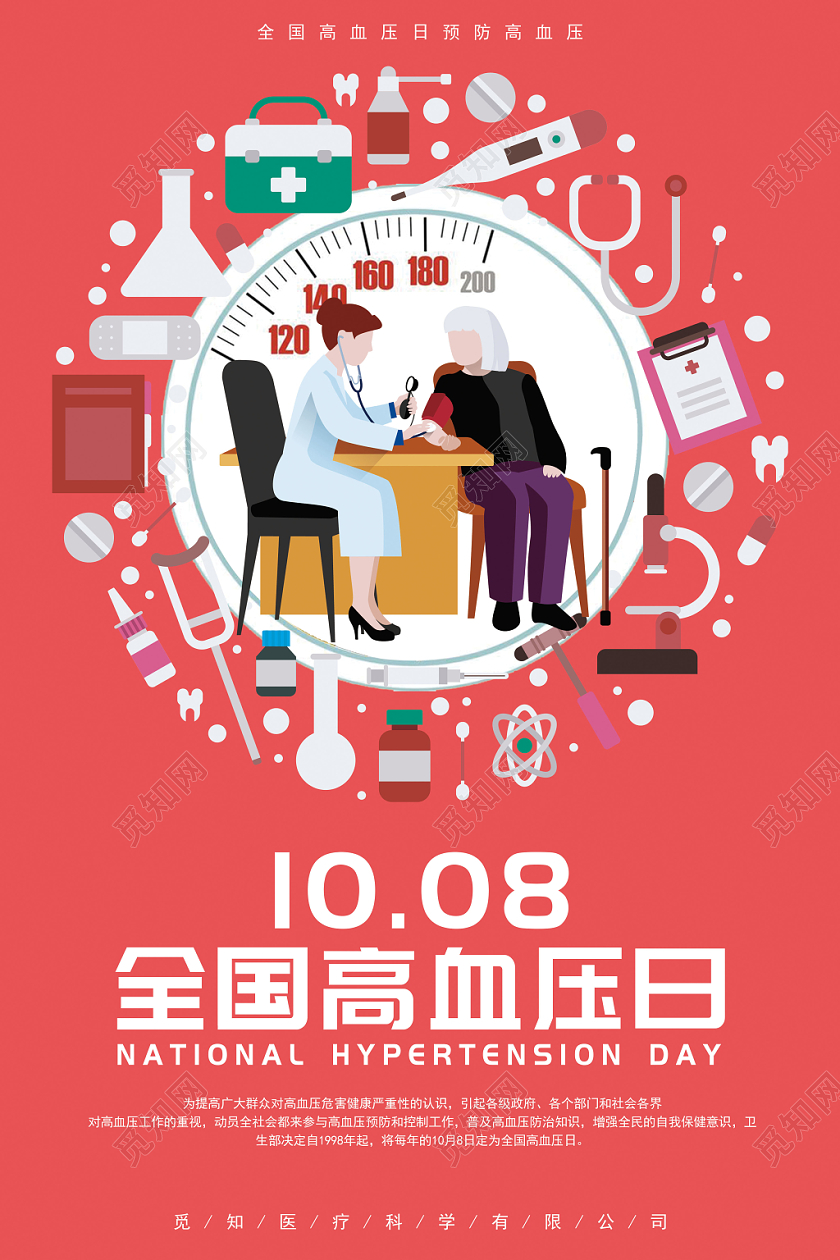 红色卡通简约全国高血压日预防高血压健康教育宣传海报