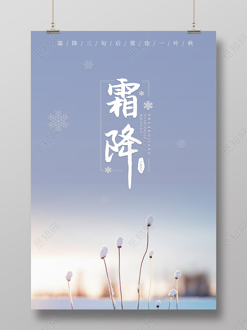 清新灰蓝色简约秋冬枯草二十四节气霜降海报