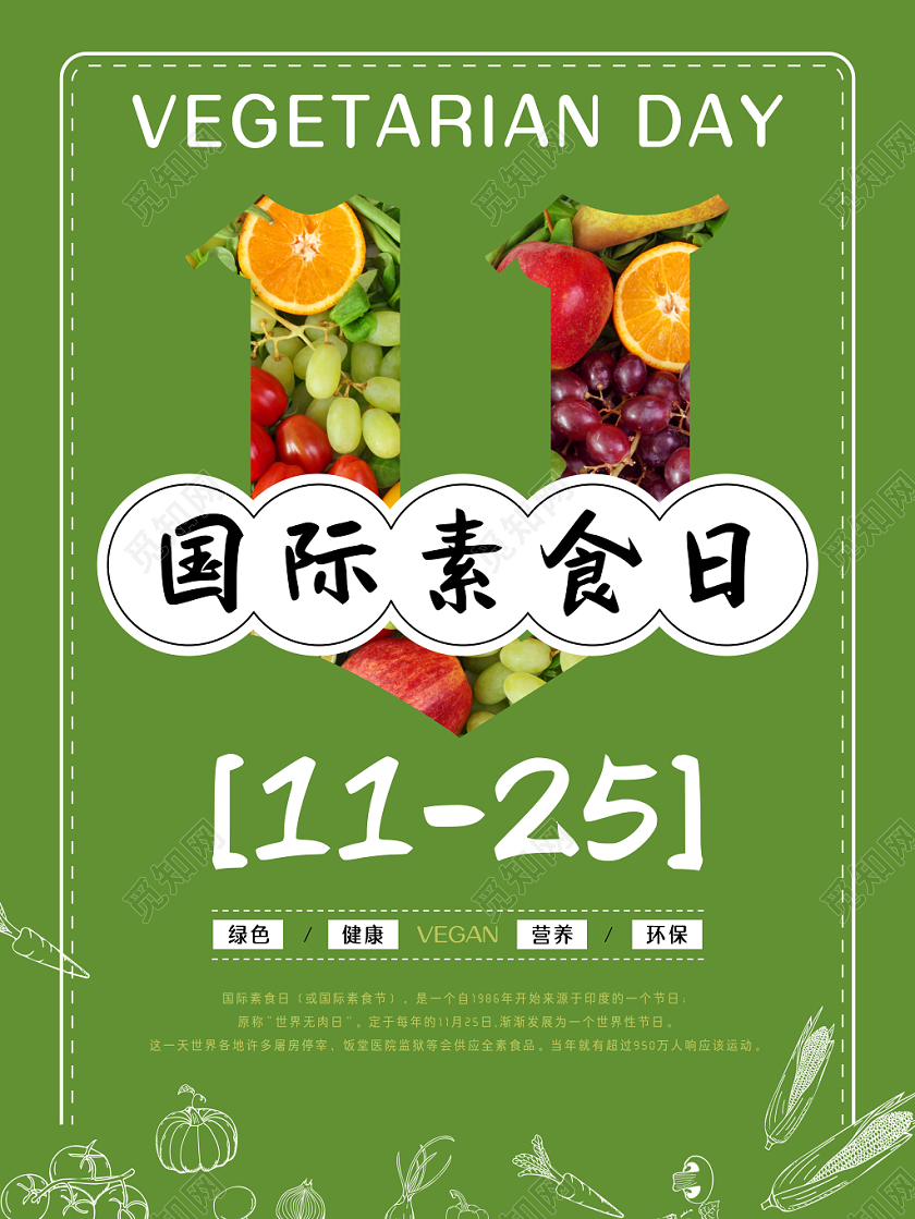 创意清新绿色国际素食日食品饮食海报